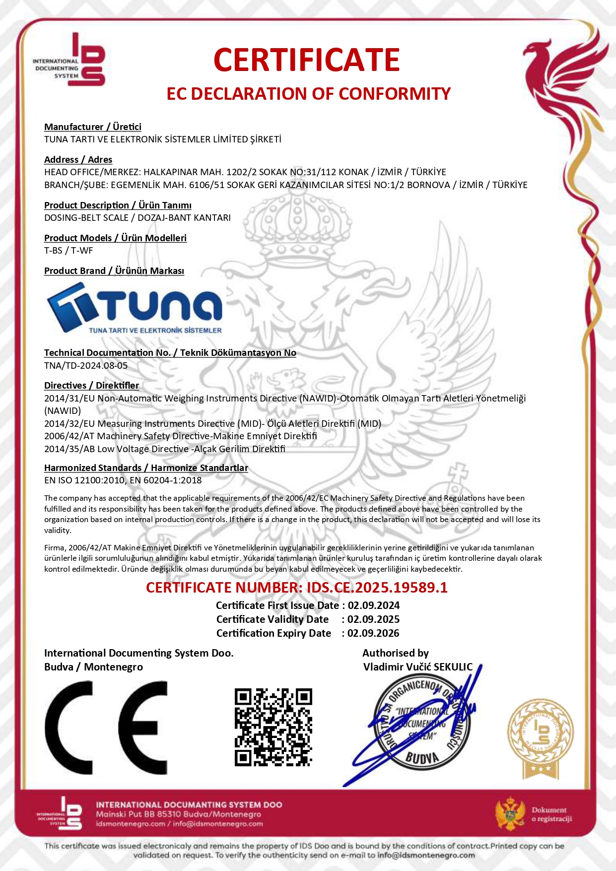 TAŞIT KANTARI CE Belgesi