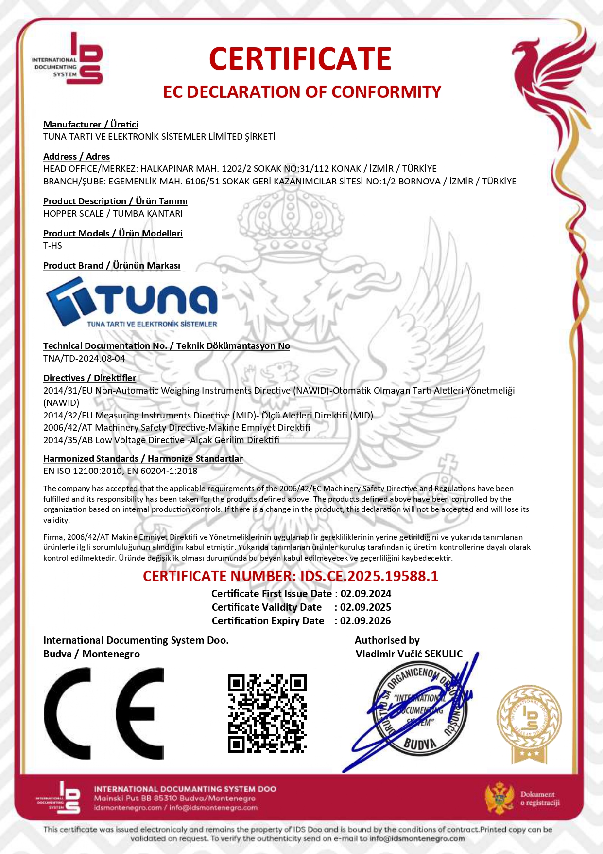 TUMBA KANTARI CE Belgesi