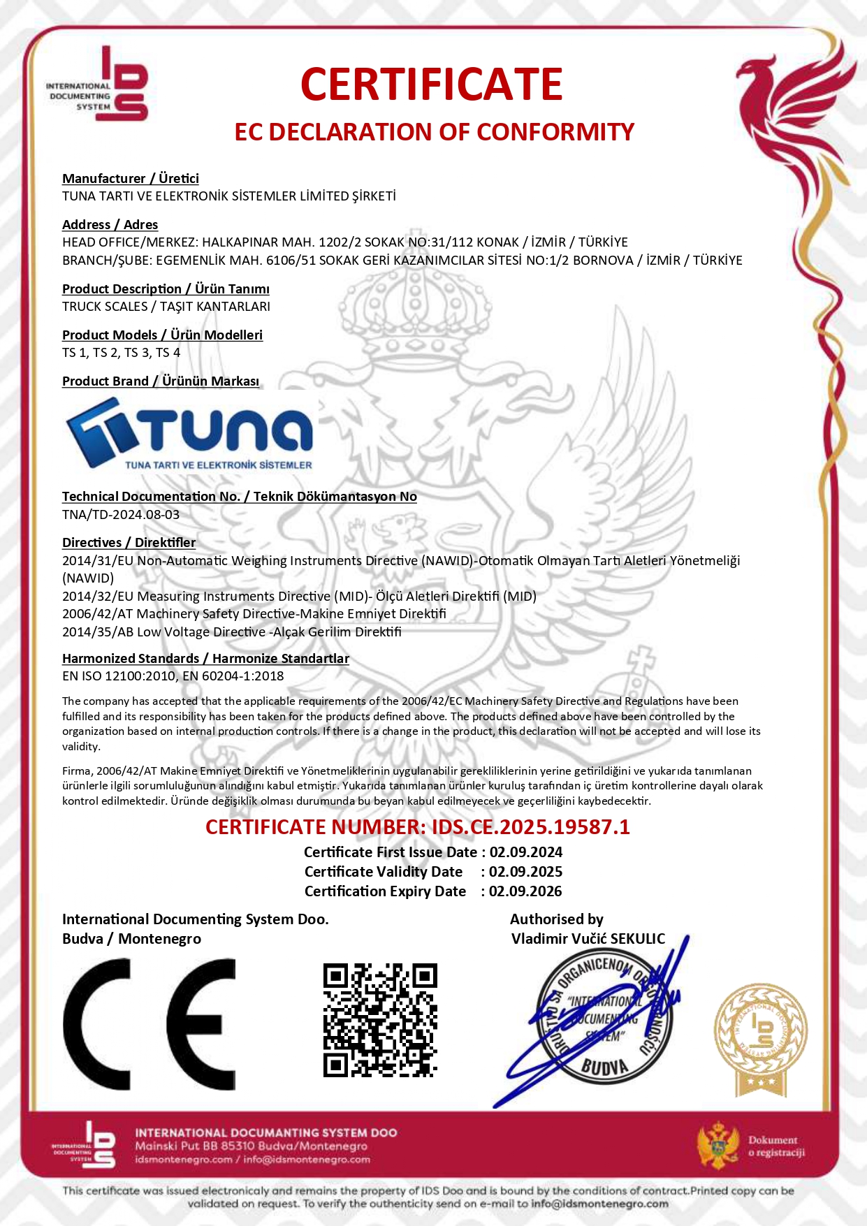 TAŞIT KANTARI CE Belgesi