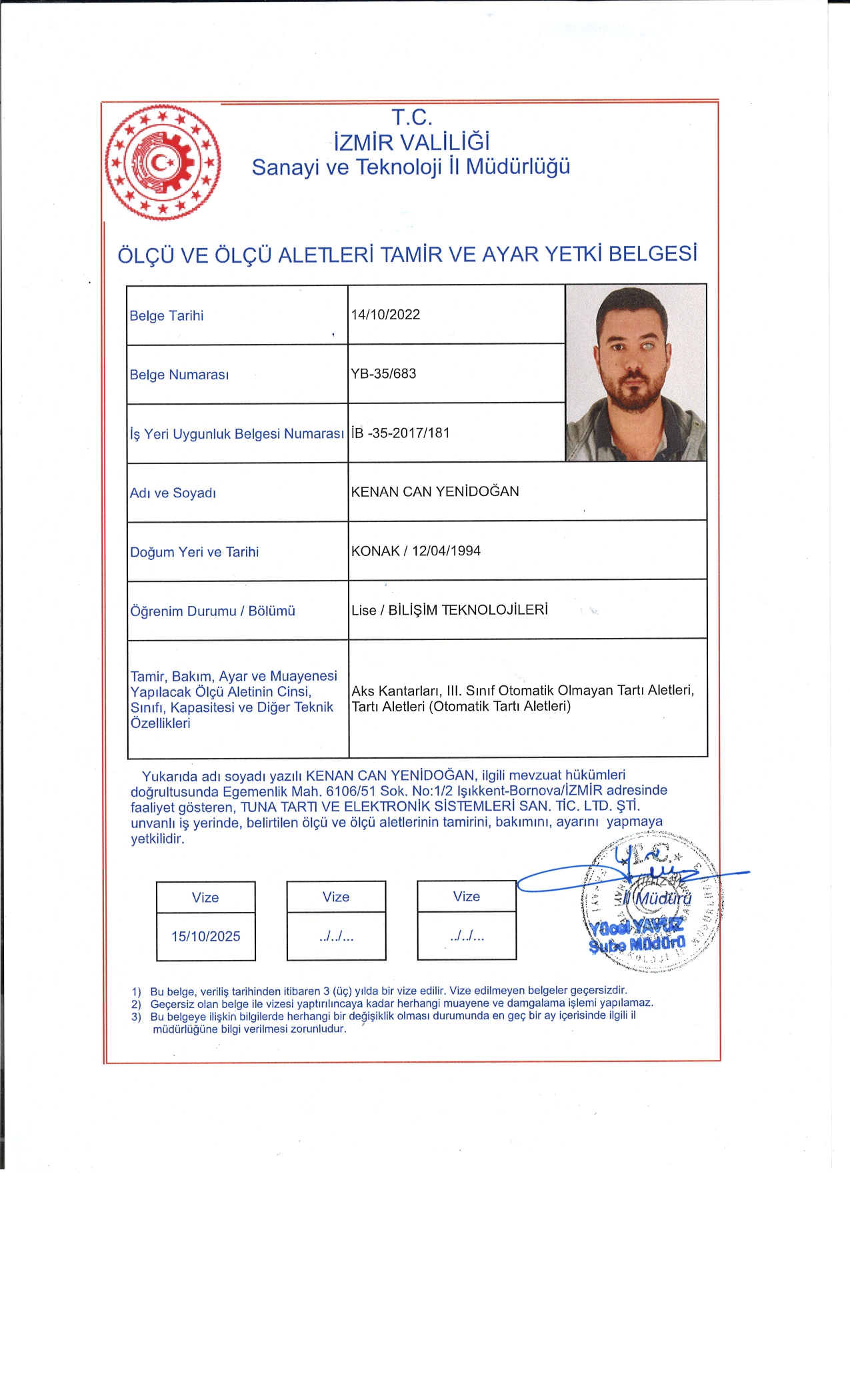 Yetki Belgesi - Kenan Can Yenidoğan